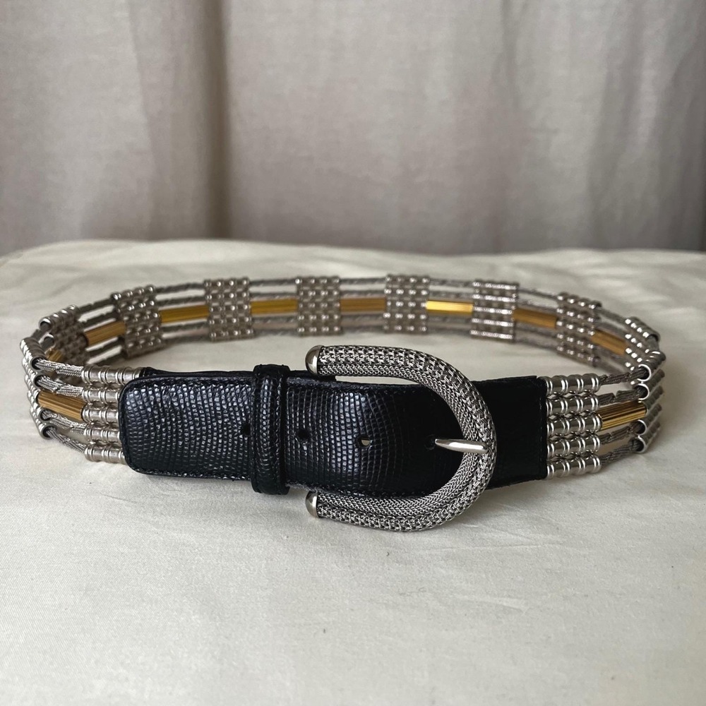 Vintage Nanni Italy Mesh Metal Belt Silver Gold Leather Buckle 30